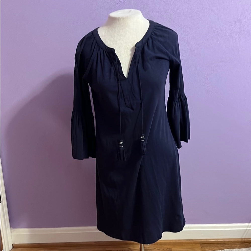 Navy Long-Sleeve Tassel Tie Shift Dress